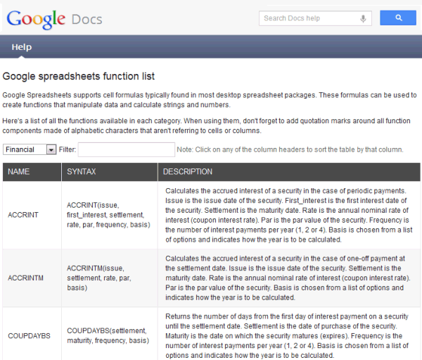 Screenshot of Google Spreadsheets