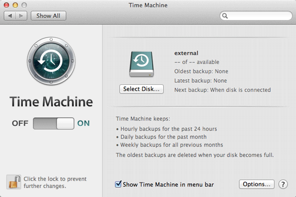 Screenshot of Time Machine for Mac OSX
