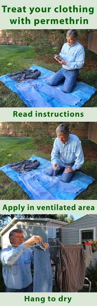 Series of three images showing a man treating his clothing with permethrin
