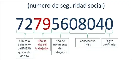 2 subdelegación IMSS + 2 año alta + 2 año nacimiento + 4 código persona + 1 dígito verificador