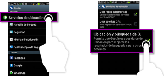 Vista de procesos de desactivación de los servicios de ubicación en Samsung Galaxy 3.