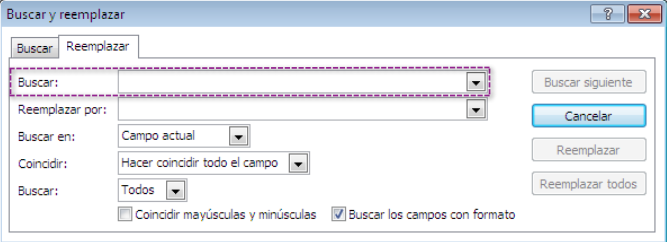 Opción Buscar del cuadro de diálogo Buscar y reemplazar.