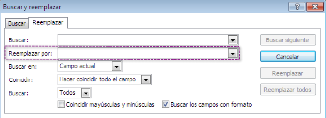 Opción Reemplazar por del cuadro de diálogo Buscar y reemplazar.