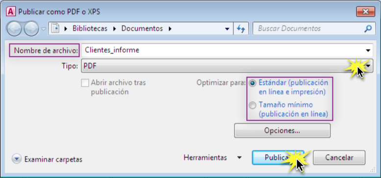 Guardar informe como PDF o XPS