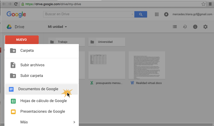 Imagen ejemplo del botón Nuevo y la opción Documento de Google.