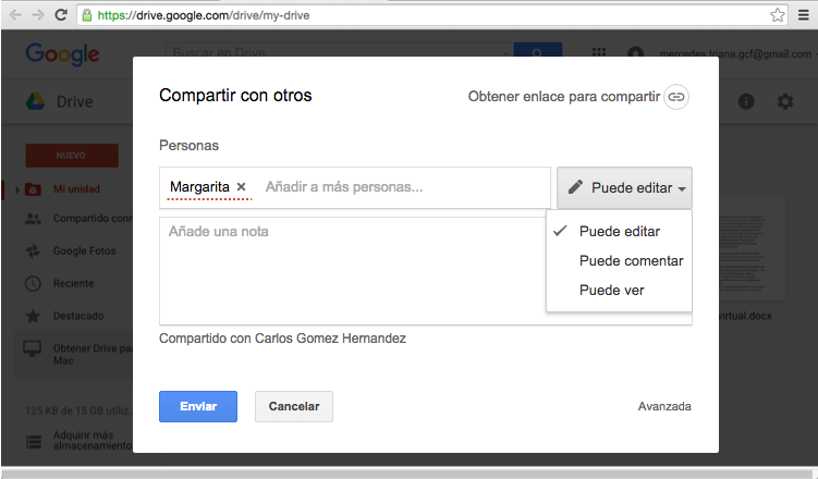 Vista del cuadro de diálogo para compartir un archivo desde Google Drive y el botón Enviar.