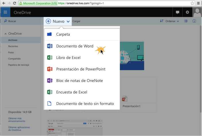 Imagen ejemplo de los primeros tres pasos para crear un nuevo documento en OneDrive.