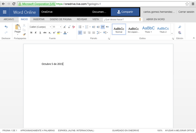 Imagen ejemplo de un documento de Word en OneDrive.