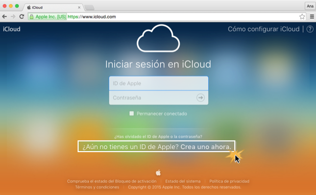 Imagen ejemplo de los dos primeros pasos para crear una cuenta en iCloud.