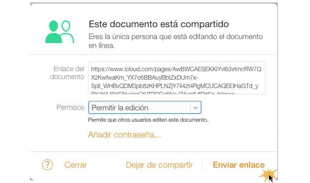 Imagen ejemplo de la ventana del enlace para compartir el documento.