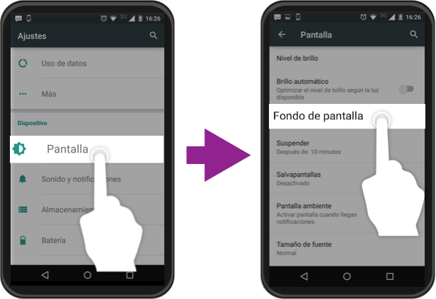 Vista de los pasos 2 y 3 para cambiar el fondo de pantalla de un equipo Android.