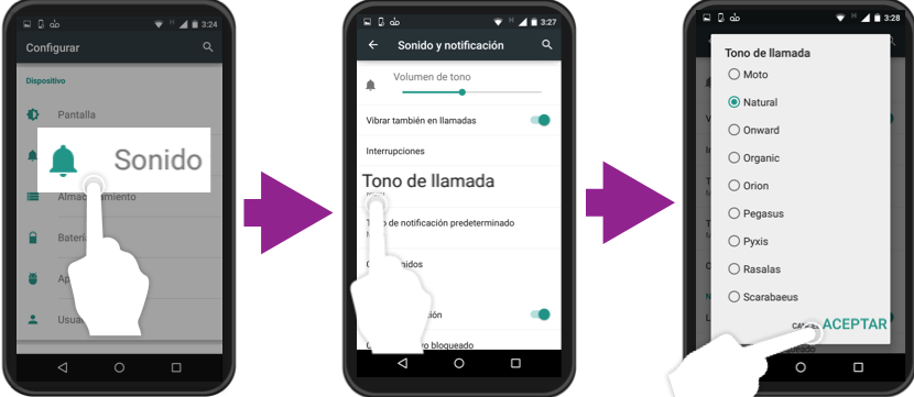 Vista del procedimiento para cambiar el tono de llamada o notificaciones.