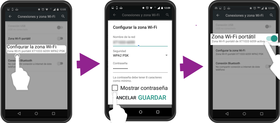 Imagen ejemplo de los pasos 4,5 y 6 para crear una zona Wi-Fi con Android.