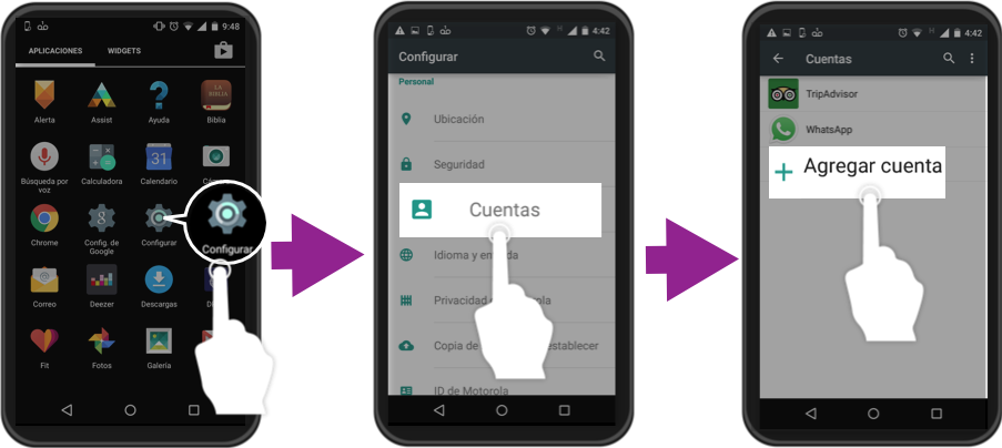 Imagen ejemplo de los primeros tres pasos para iniciar sesión con una cuenta Google en Android.