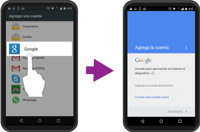 Imagen ejemplo de los pasos 4 y 5 para iniciar sesión con una cuenta Google en Android.