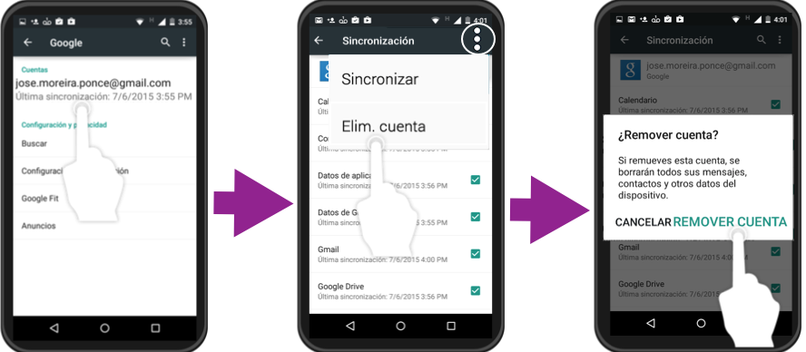 Vista de los pasos 4, 5 y 6 para eliminar una cuenta en un sistema operativo Android.