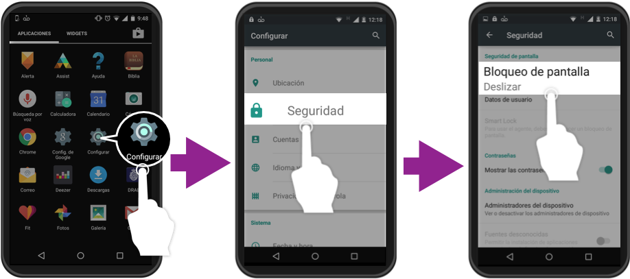 Imagen ejemplo de los primeros tres pasos para bloquear una pantalla en Android.