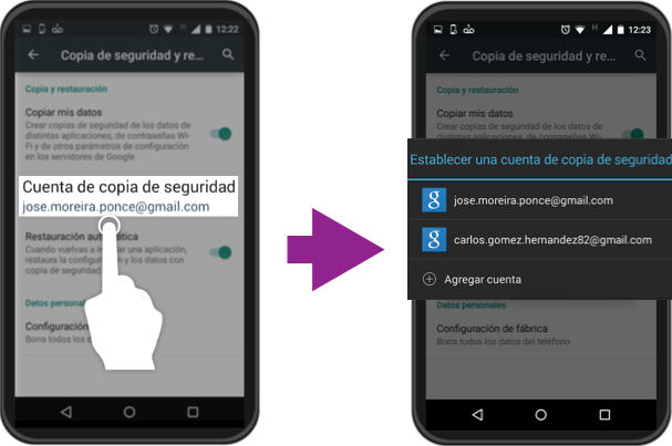 Imagen ejemplo de cómo cambiar la cuenta Google con que haces una copia de seguridad.