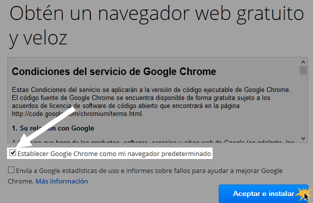 Vista de la caja de diálogo de las Condiciones del servicio de Google Chrome.