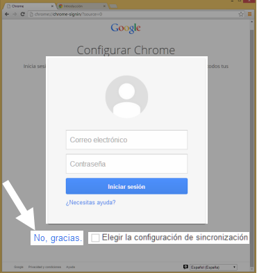 Vista de la página de registro de Chrome.