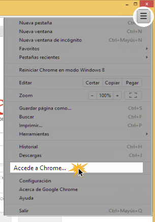 Vista de la opción Accede a Chrome en el menú desplegable de configuración.