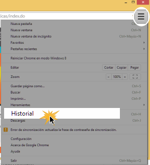 Vista de la opción Historial en el menú de configuración de Google Chrome.