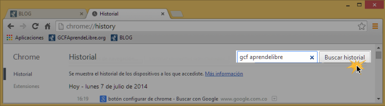 Vista de cómo se hace una búsqueda en el historial de navegación de Google Chrome.