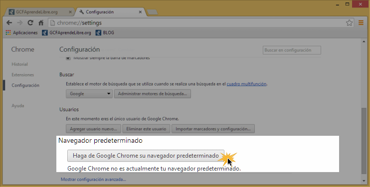 Vista de la opción Haga de Google Chrome su navegador predeterminado.