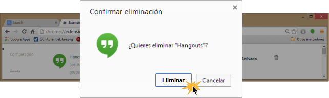 Vista del cuadro de diálogo para eliminar una extensión.