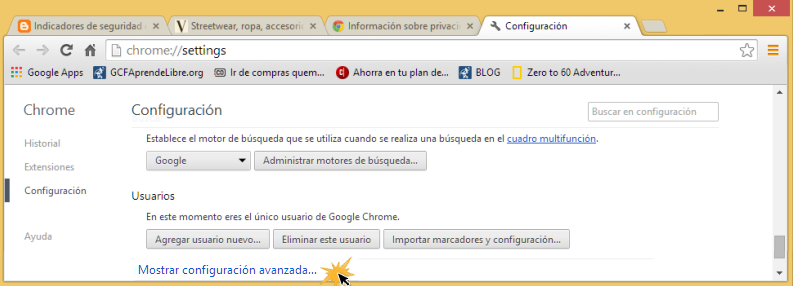 Vista de la opción Mostrar configuración avanzada en el panel de configuración.