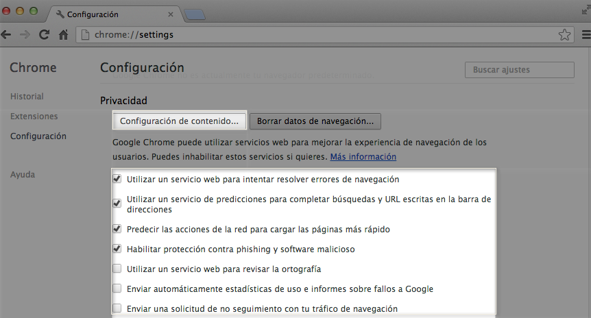 Imagen ejemplo de las opciones de Privacidad en Google Chrome.