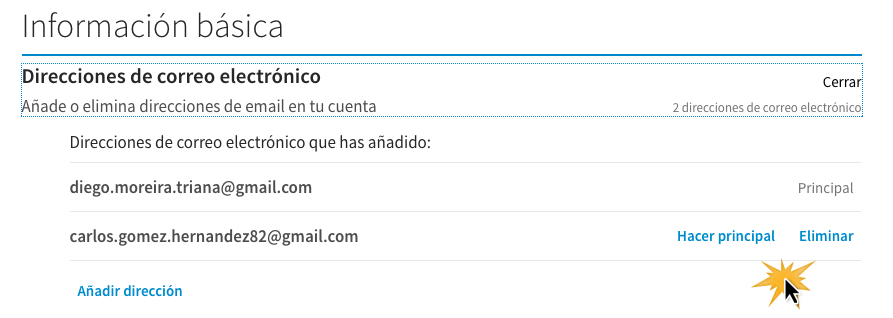 Haz clic en Hacer principal o Eliminar sobre la cuenta de correo electrónico.