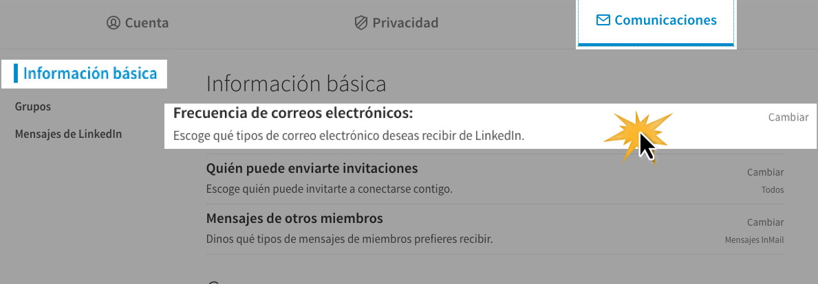 Selecciona la pestaña Comunicaciones y allí haz clic en Frecuencia de correos electrónicos