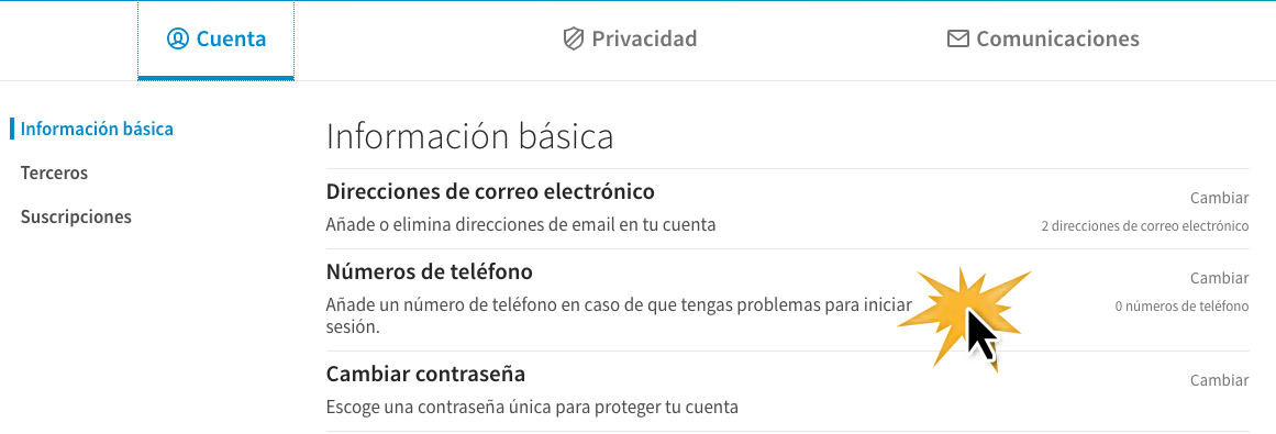 Haz clic sobre Números de teléfono para añadir uno.