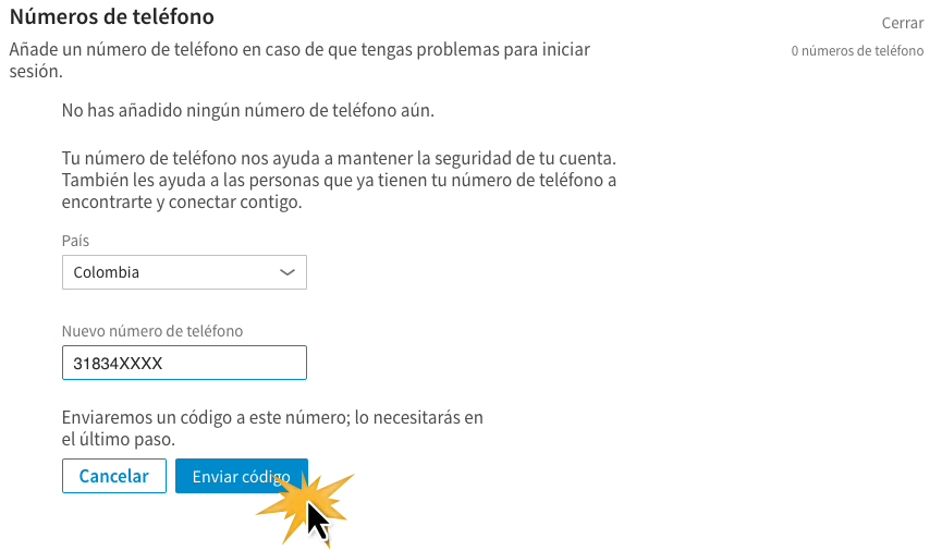 Escribe tu número de teléfono y haz clic en Enviar código.