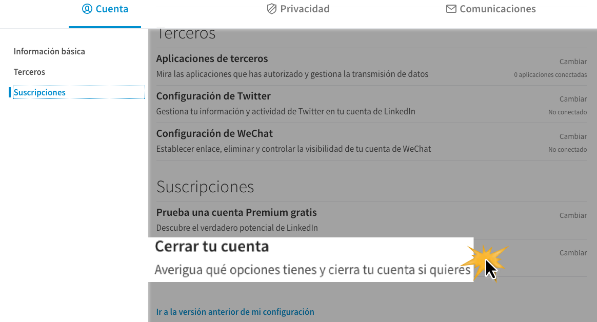 En la pestaña cuenta, selecciona la opción Suscripciones y allí haz clic en Cerrar tu cuenta.