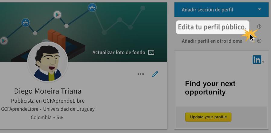 Haz clic en la parte derecha de la pantalla en la opción Edita tu perfil público.