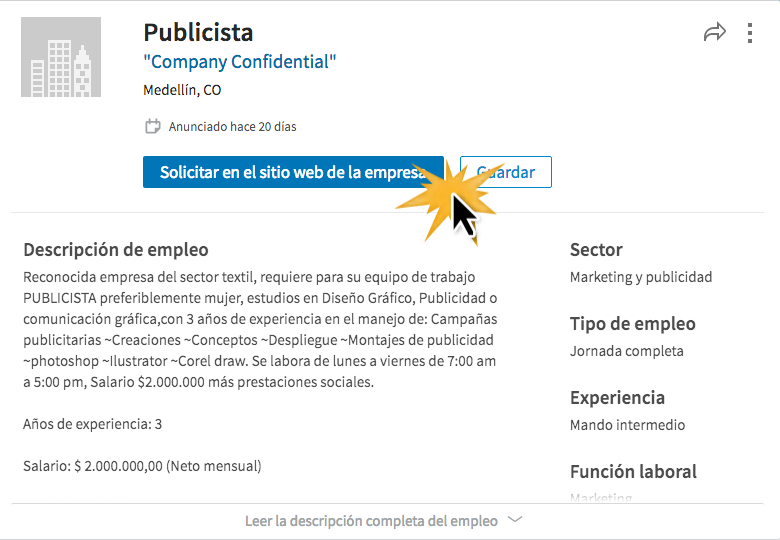 Haz clic en Solicitar en el sitio web de la empresa