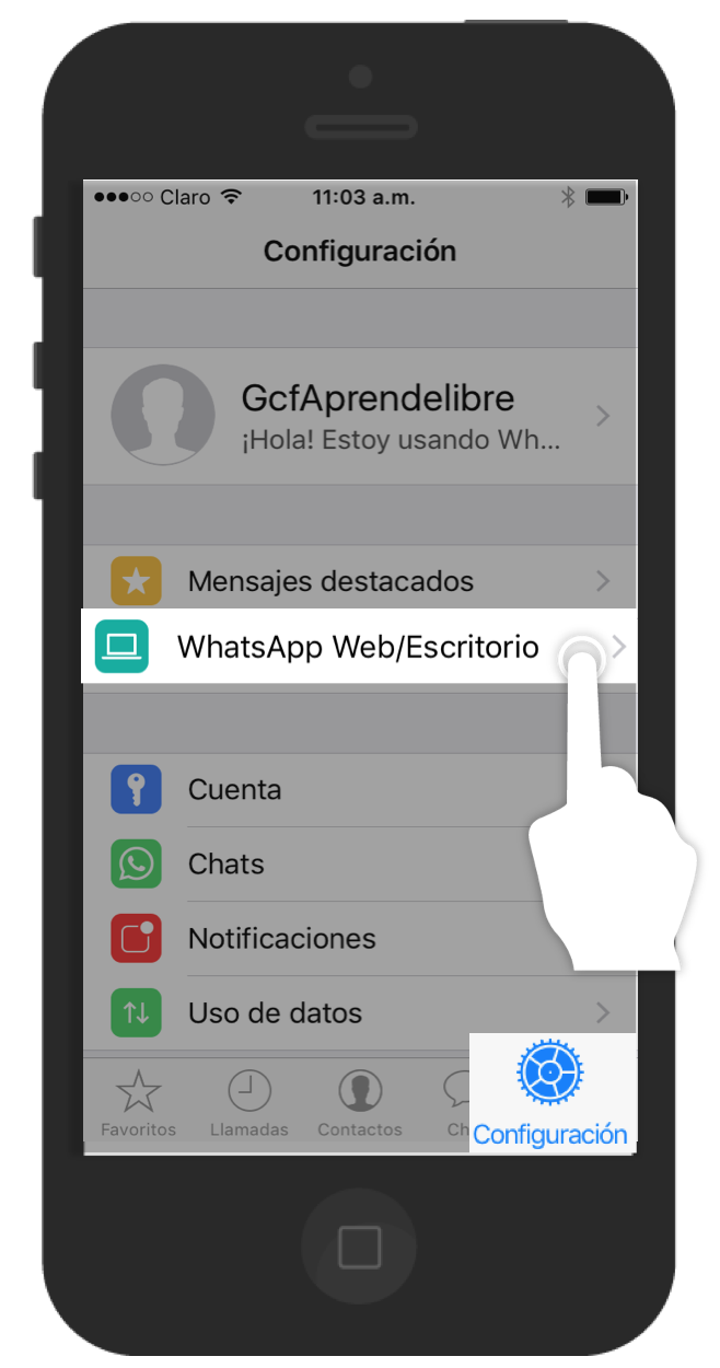 Pulsa el comando Configuración en tu celular y luego selecciona la opción WhatsApp web/Escritorio.