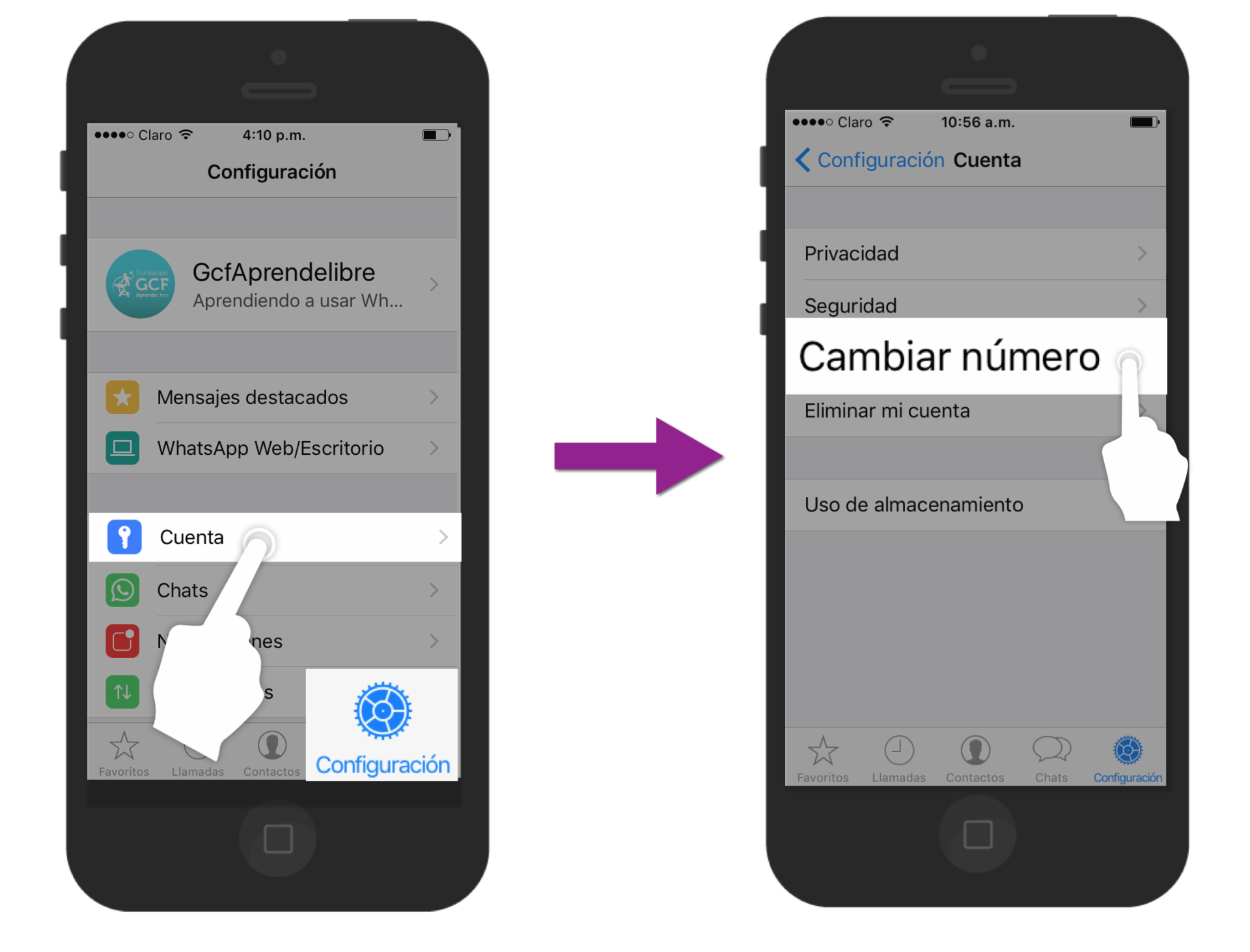 Presiona sobre el botón Configuración y allí pulsa en Cuenta y luego en Cambiar número