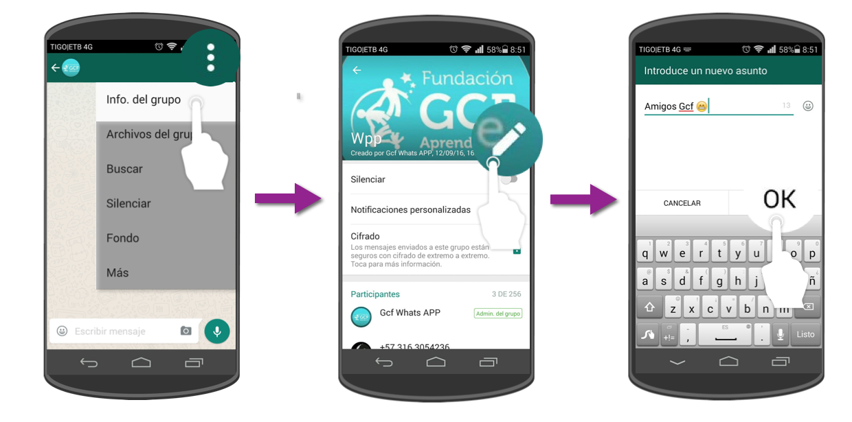Ingresa a la información del grupo, pulsa sobre y nombre y escribe uno nuevo.