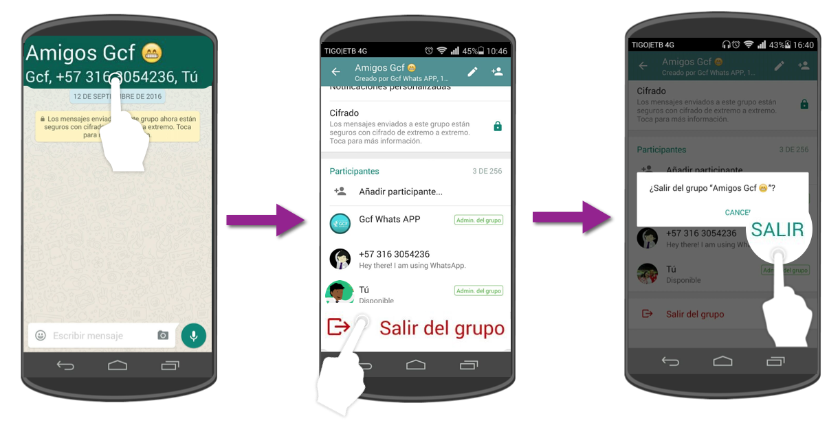 Abre la información del grupo, pulsa Salir del grupo y confirma la acción.