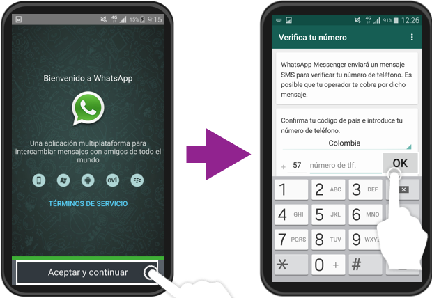 Imagen ejemplo de los pasos 2 y 3 de cómo crear una cuenta en WhatsApp.