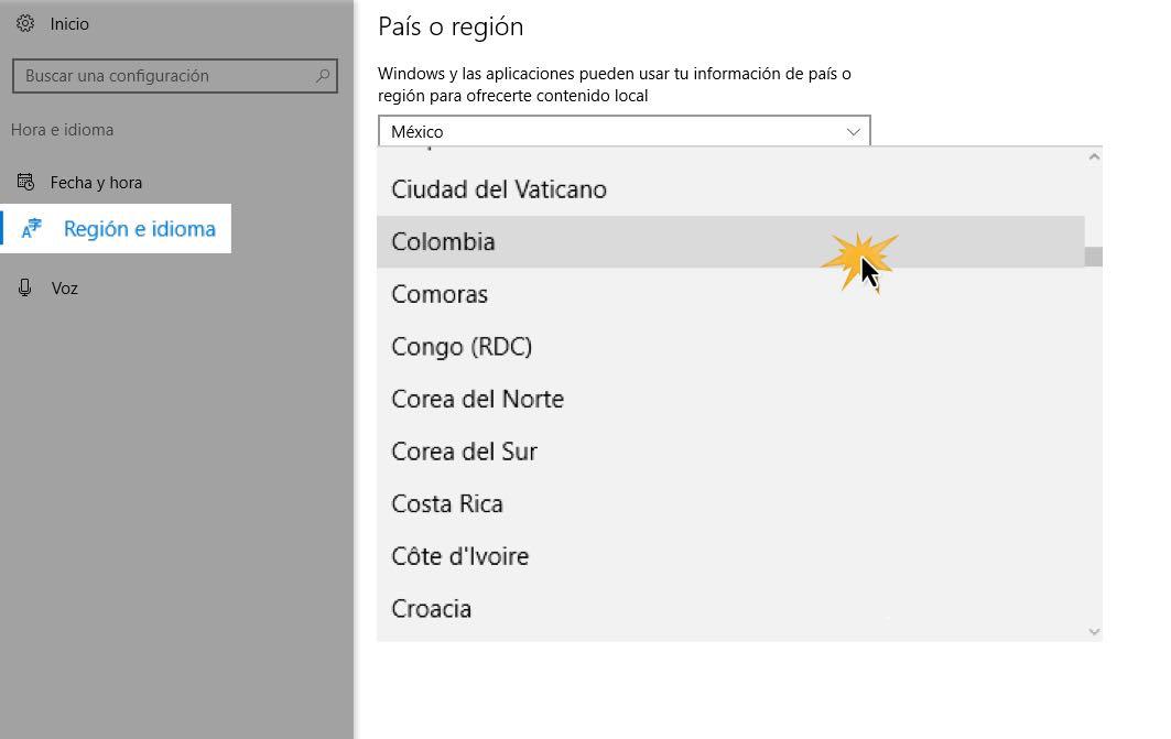Selecciona la opción País o región y en el listado busca el lugar dónde te encuentras ubicado.