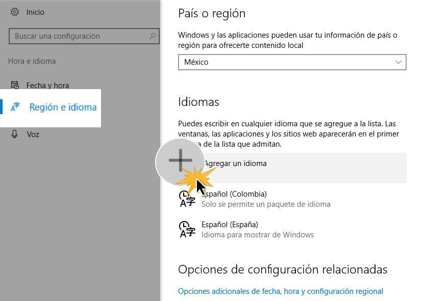 Haz clic en el botón Más (+) junto a Agregar un idioma.