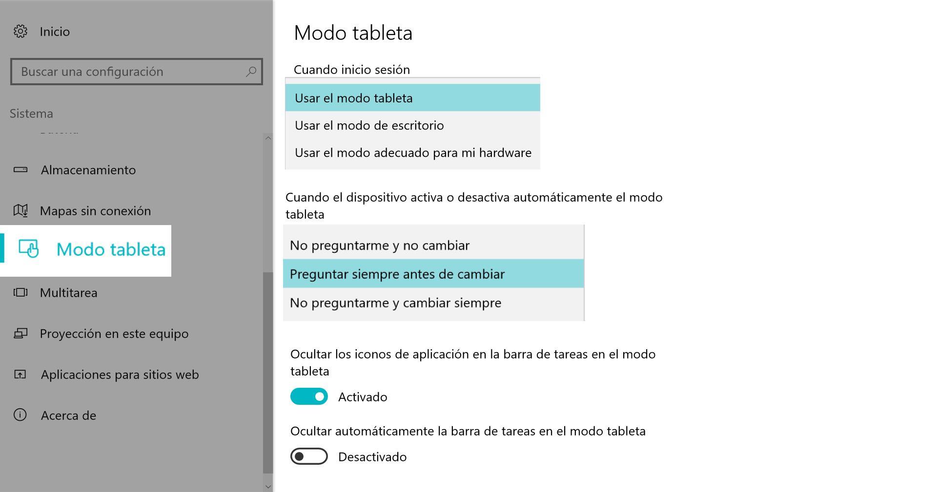 En la parte izquierda de la pantalla selecciona la opción Modo tableta. 