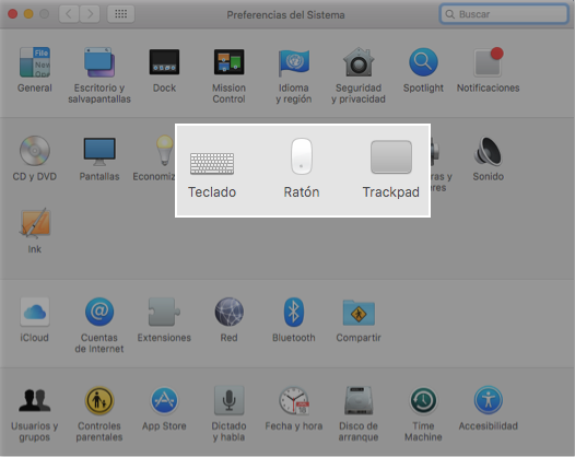 Imagen ejemplo de las preferencias de Teclado, Ratón y Trackpad.