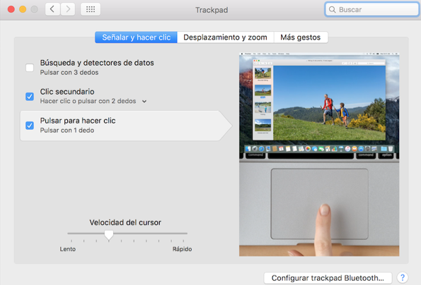 Imagen ejemplo de la ventana de preferencias del trackpad.