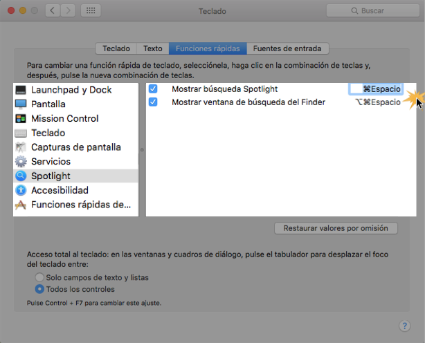 Imagen ejemplo de cómo cambiar una función rápida en Mac Os X.