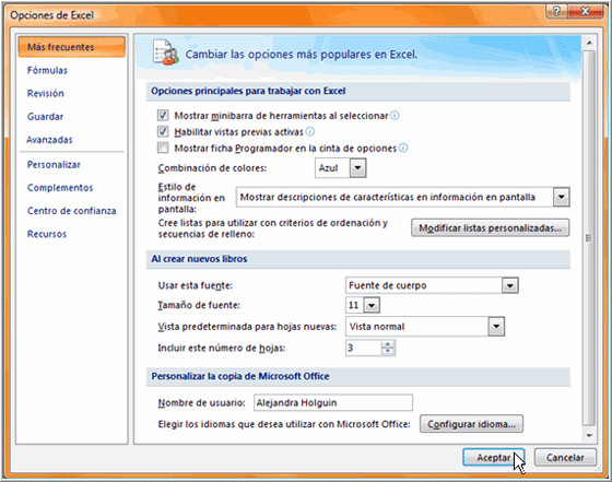 Cambiar las Opciones Predeterminadas de Excel